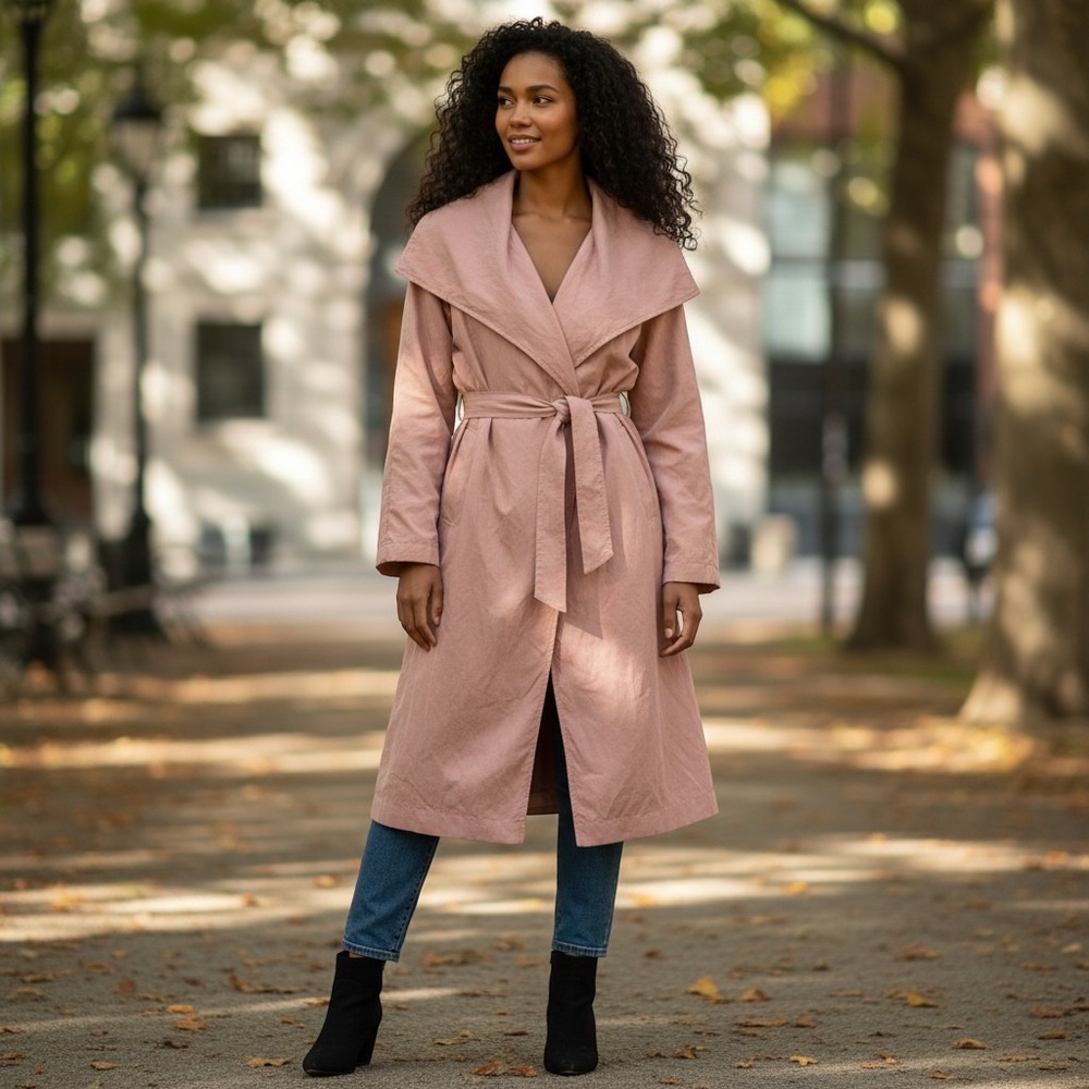 Love Tree Womens Size L Pink Wrap Coat Trench Long Sleeve Glam Evening Jacket